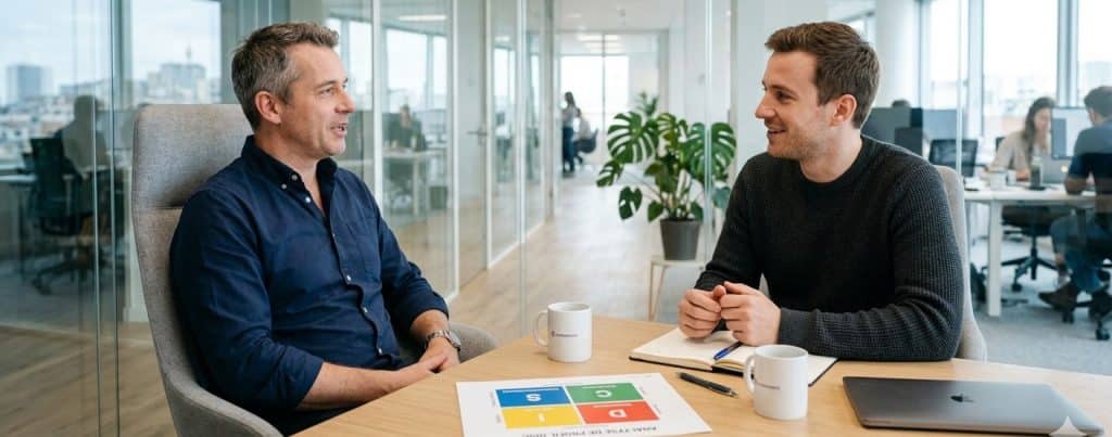 manager calme dans son bureau avec collaborateur